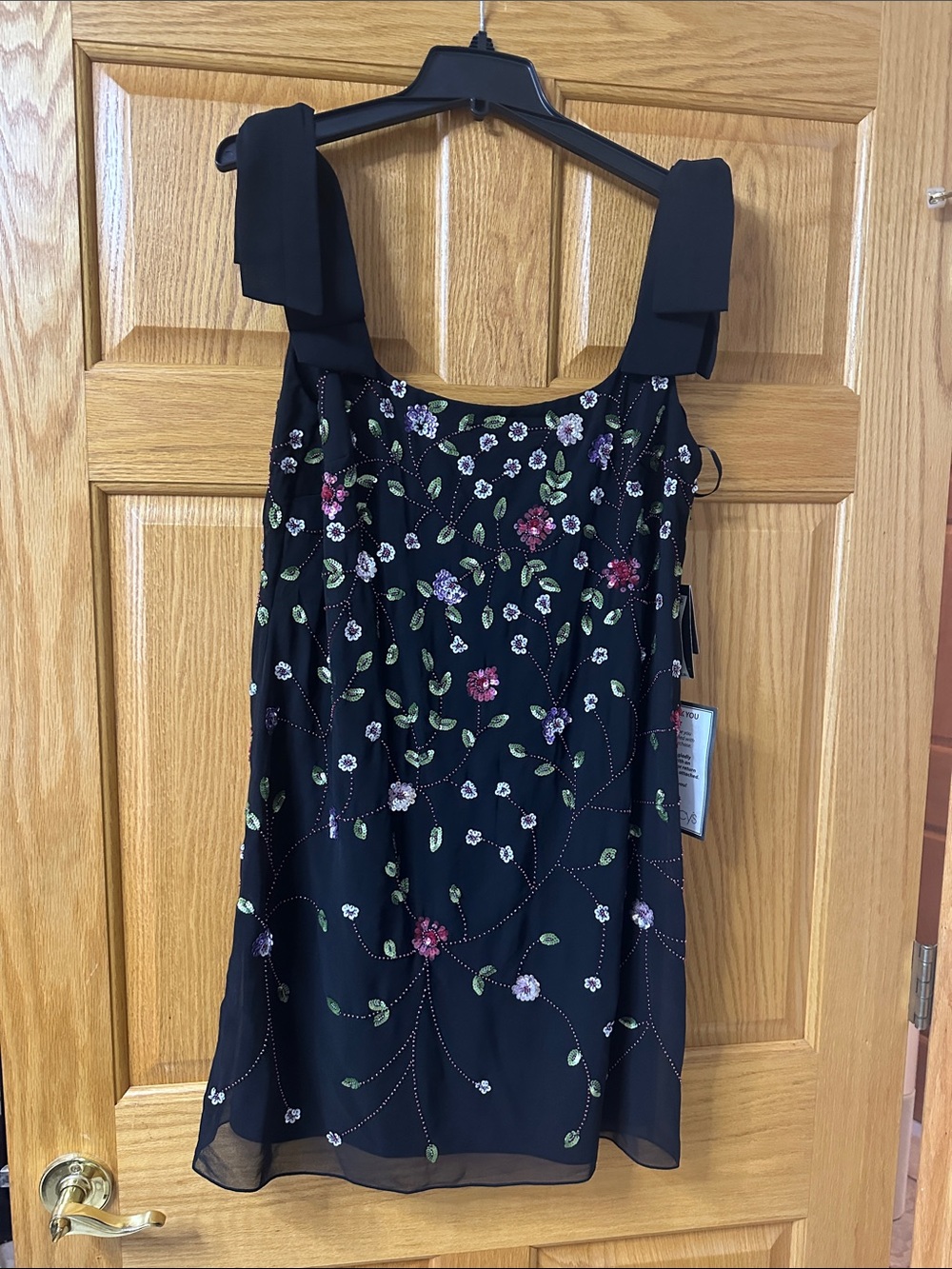 Adrianna Papell Black Floral Beaded Mini Dress with Green and Purple Embroidery